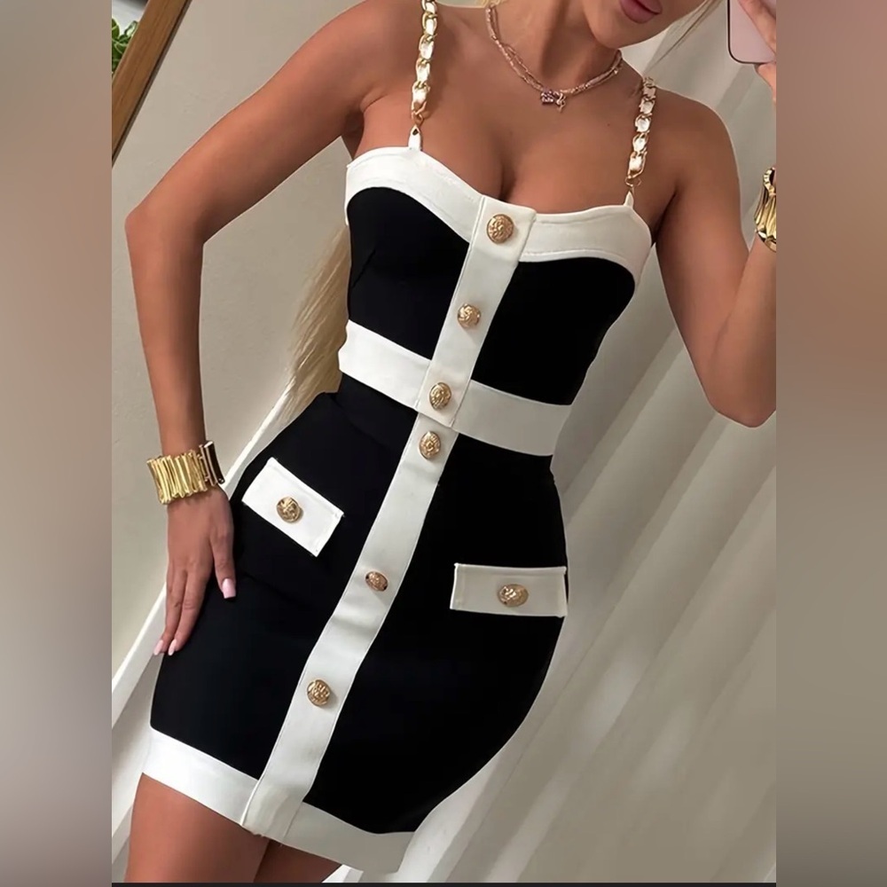 Elegant Black and White Button-Detail Dress